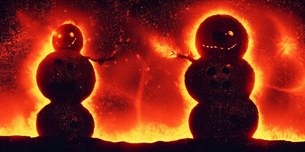 Image similar to a melted glowing snowman melting on top of the sun. the ground is made of fire and lava and is glowing orange. cinematic, dramatic, epic, volumetric lighting, atmospheric, red, orange extremely coherent, masterpiece, highly detailed, trending on artstation, 8 k, space, warm, solar flare, blade runner 2 0 4 9