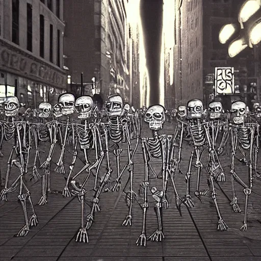 Image similar to photo, a giant crowd of silvery shiny refective black latex claymation skeletons by ray harryhausen inside a 1980's new york nighttime street, dramatic lighting, blue moonlight, distant flickering street light, edge lighting, ray traced lighting