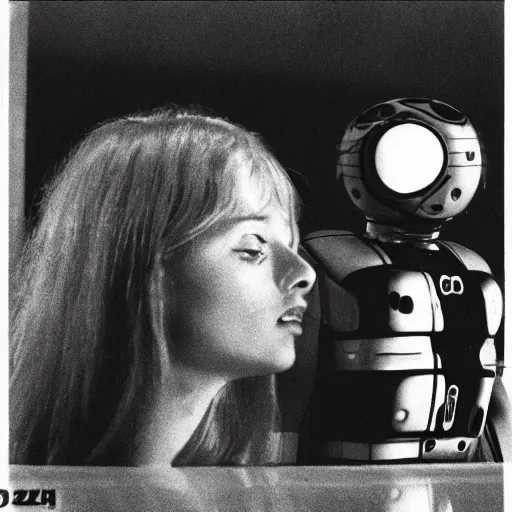 Image similar to a man head and a robot head in a moment of repulsion and jealousy, movie still, by Andrzej Zulawski