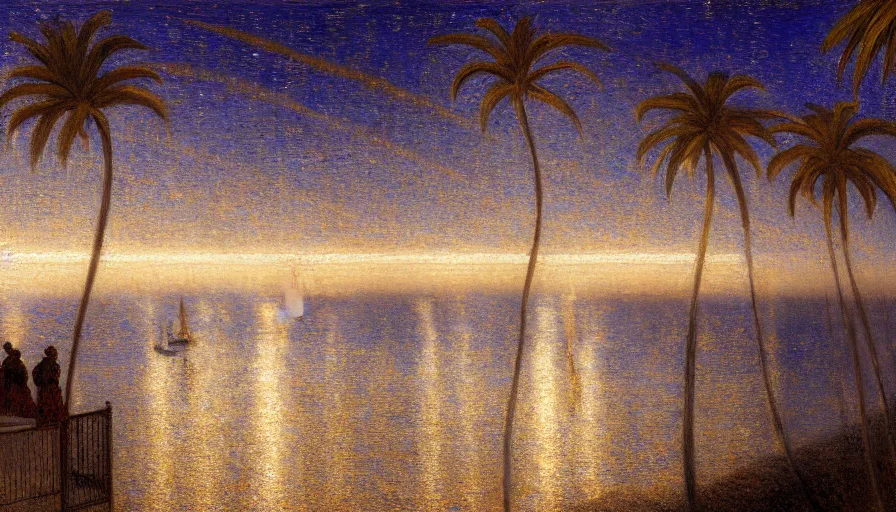 Image similar to a ultradetailed beautiful painting of the night sky of the rio de janeiro palace balustrade designed by jules bastien - lepage, tarsila do amaral, frank weston and gustave baumann, beach, trending on artstation, mediterranean, palm trees, sharp focus, lightning sparkles refraced lines, soft light, 8 k 4 k