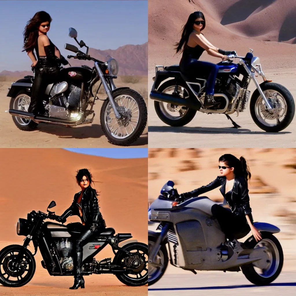 Prompt: selena gomez as terminator riding a motorcycle in the desert