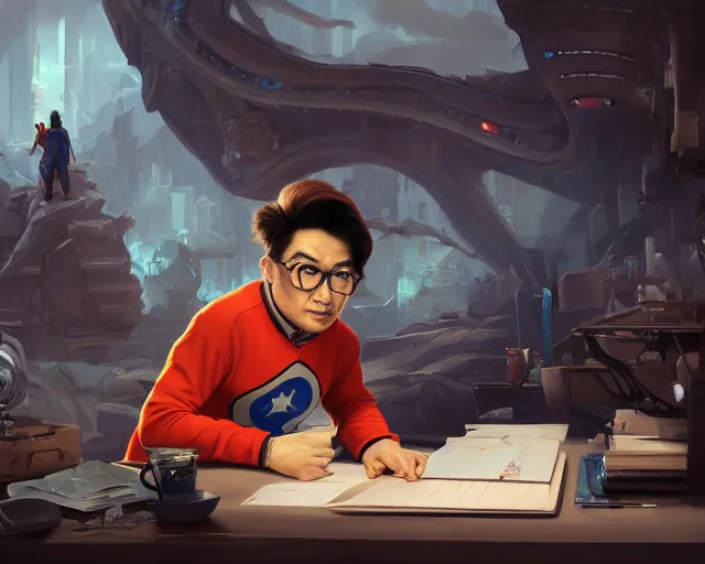 Image similar to an insanely detailed painting of a nerdy asian man wearing a superhero costume, sitting at a desk, staring at the nervously at the computer and typing, in the style of peter mohrbacher, dramatic lighting and composition, octane render, pixar, trending on artstation, concept art, comic book, view from behind