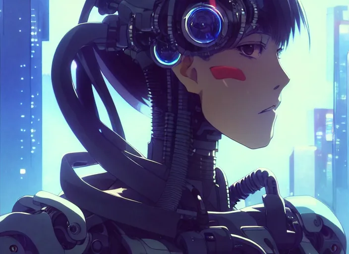 Image similar to a anime portrait of a cyborg woman, finely detailed features, closeup at the face, sharp focus, perfect art, expressive tone, night time city background, cinematic lighting, highly detailed, intricate, smooth, anime!! artstation, trending on pixiv fanbox, painted by greg rutkowski, studio ghibli, yoji shinkawa, hayao miyazaki,