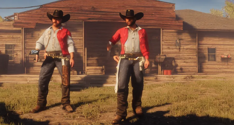 Image similar to Screenshot of Carl Brutananadilewski from Aqua Teen Hunger Force as a 3d cowboy in full cowboy attire in the videogame 'Red Dead Redemption 2'. Sharpened. 1080p. High-res. Ultra graphical settings.