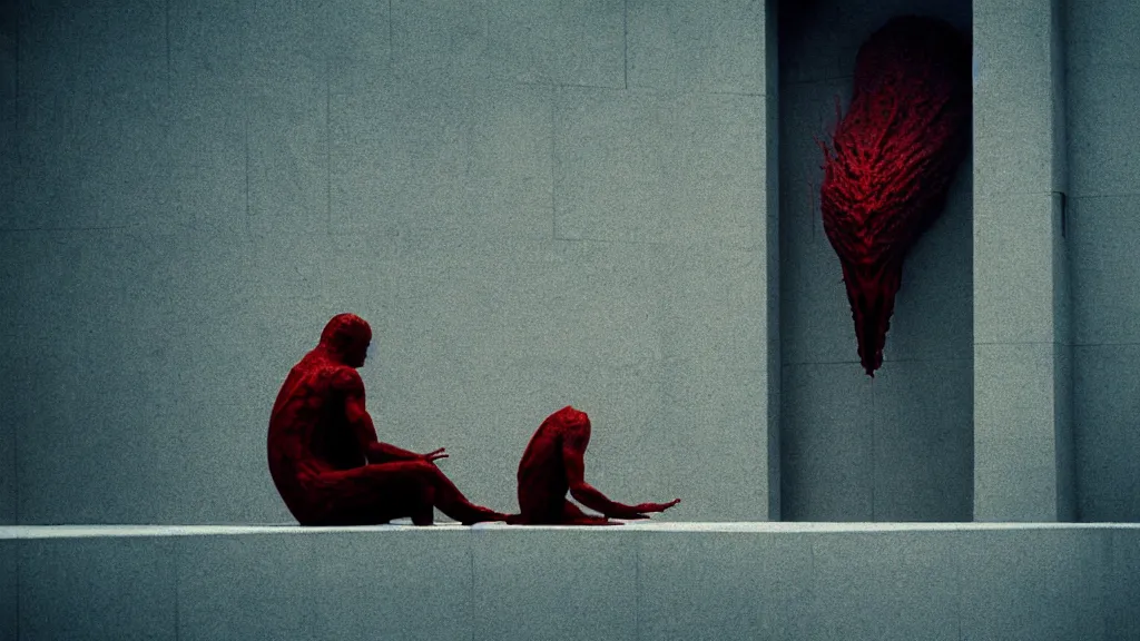 Prompt: the strange creature sits on the wall, made of blood, film still from the movie directed by Denis Villeneuve with art direction by Salvador Dalí, wide lens