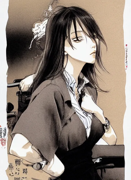 Prompt: portrait of a beautiful girl smoking a cigarette, by takehiko inoue and kim jung gi and hiroya oku, masterpiece illustration, ultrarealistic, perfect hands,