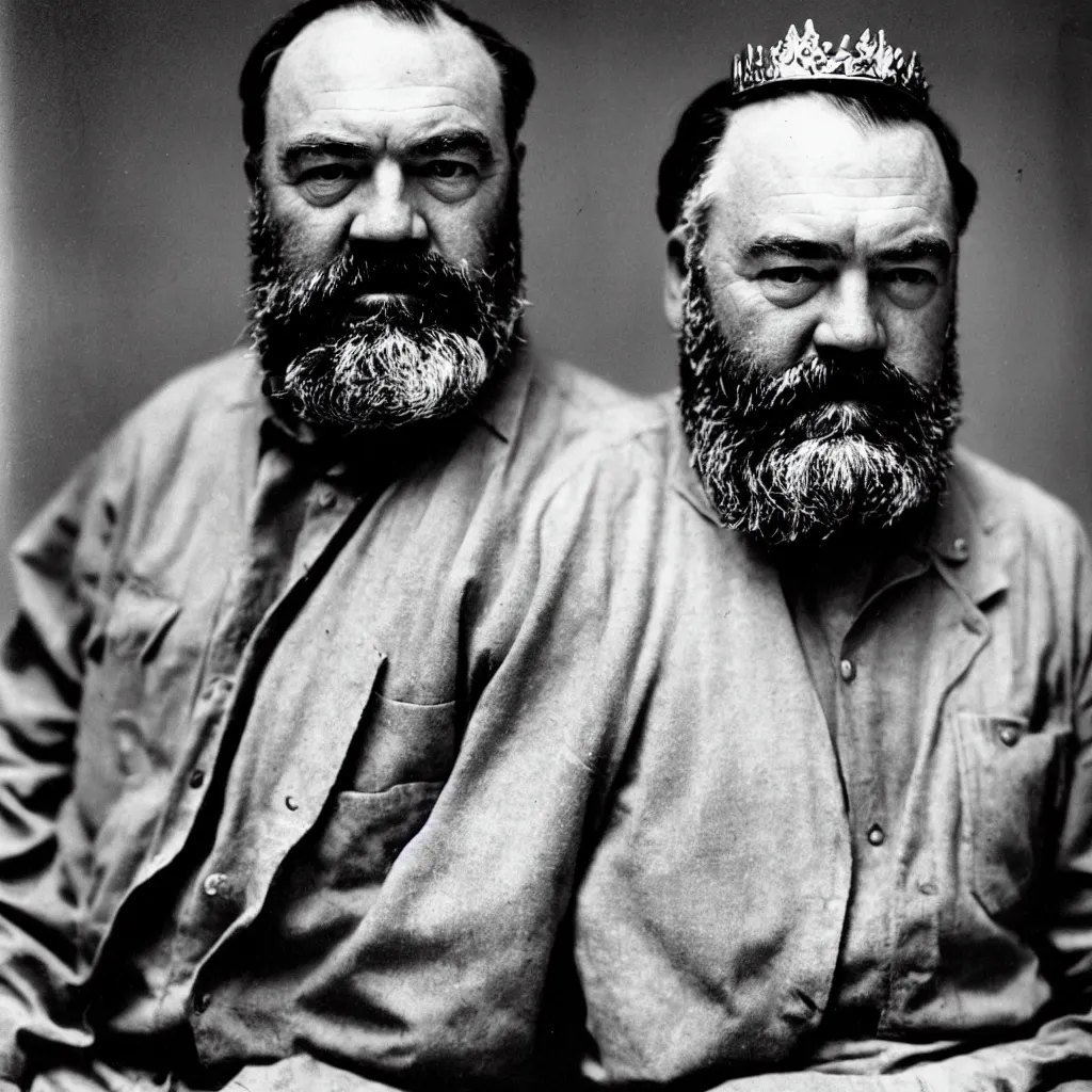 Prompt: An Alec Soth portrait photo of Ernest Hemingway wearing the crown of Macbeth