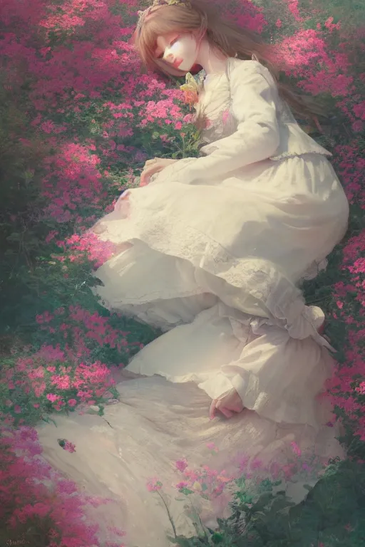 Prompt: a beautiful picture of a girl in lolita sleeps on the sea of flower, by greg rutkowski and thomas kinkade, trending on artstation