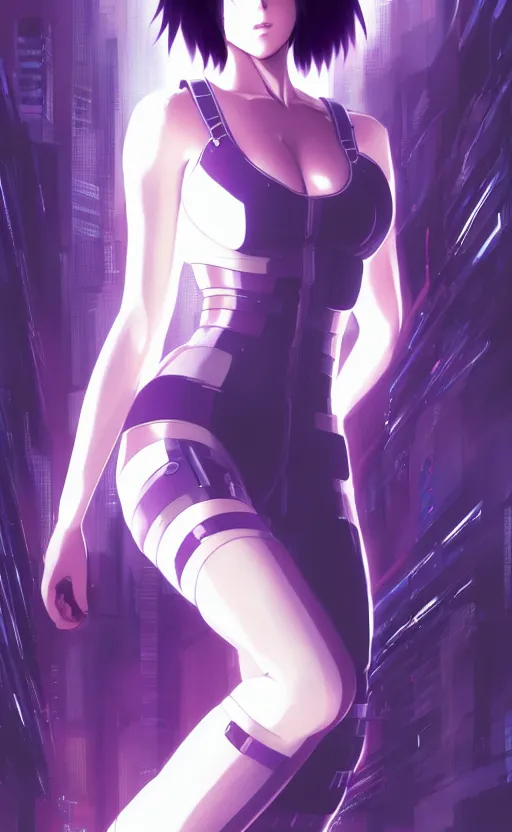 Image similar to a still fullbody portrait of motoko kusanagi ghost in the shell, finely detailed features, closeup at the faces, perfect art, at a cyberpunk city, gapmoe yandere grimdark, trending on pixiv fanbox, by ilya kuvshinov, rossdraws, artgerm