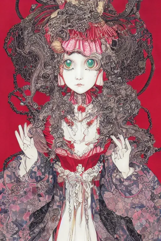 Image similar to watercolor painting of an avant - garde japanese cat queen in a victorian lolita fashion red dress in the style of lovecraftian horror painted by yoshitaka amano, takato yamamoto, ayami kojima, dmt art, symmetrical vogue face portrait, intricate detail, artstation, cgsociety, artgerm, rococo