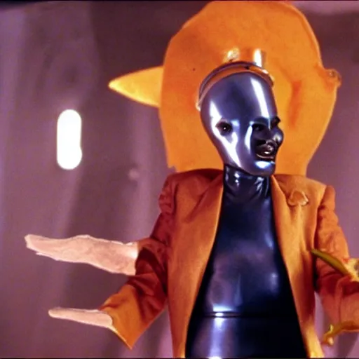 Image similar to movie still, grace jones wearing an tin man suit in bill & ted's excellent adventure, eldritch horror edition, realistic, 8 k