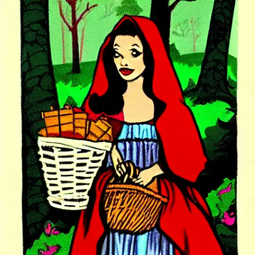 Prompt: 2 8 mm color, little red riding hood with the basket kissing the werewolf in the forest, pinup art, cinematic, 5 0 s