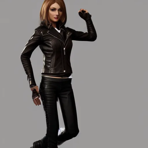 Image similar to a woman in a leather jacket posing for a picture, concept art by senior character artist, cgsociety, shock art, androgynous, daz3d, full body