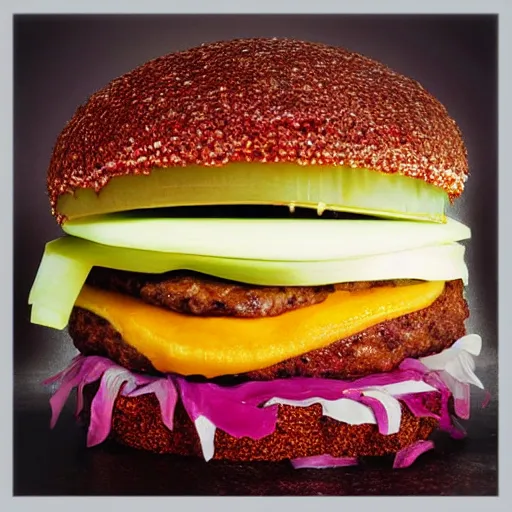 Prompt: A hiper realistic picture of a McDonald's hamburguer made of crystals, high definition, highly detailed, sharp, award winning photography, bright, beautiful, vibrant, colorful, pinterest