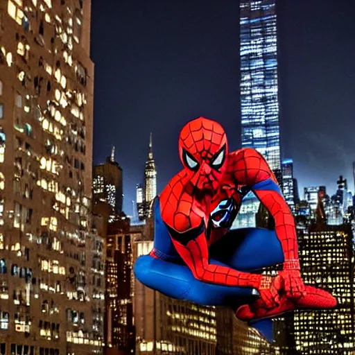 Spider-Man swinging in New York City, mid-air, night, | Stable