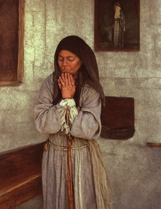 Image similar to peasant woman praying in a curch, cottage core, cinematic focus, polaroid photo bleached vintage pastel colors high - key lighting, soft lights, foggy, by steve hanks, by lisa yuskavage, by serov valentin, by tarkovsky, detailed, oil on canvas