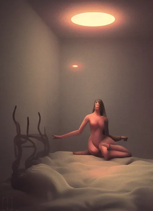 Prompt: rgb, woman, bedroom full of fire, sadness, cinematic, movie scene, inspired by zdzislaw beksinski, clothes made out of veins,, cables everywhere, bedroom, ultra realistic, concept art, intricate details, highly detailed, photorealistic, octane render, 8 k