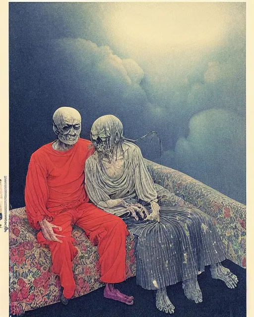 Image similar to early color photo of an old dead couple sitting on a couch in an old soviet apartment and looking at the scared enlightened boy flying up in sky, Beksinski impasto painting, part by Adrian Ghenie and Gerhard Richter. art by Takato Yamamoto, masterpiece