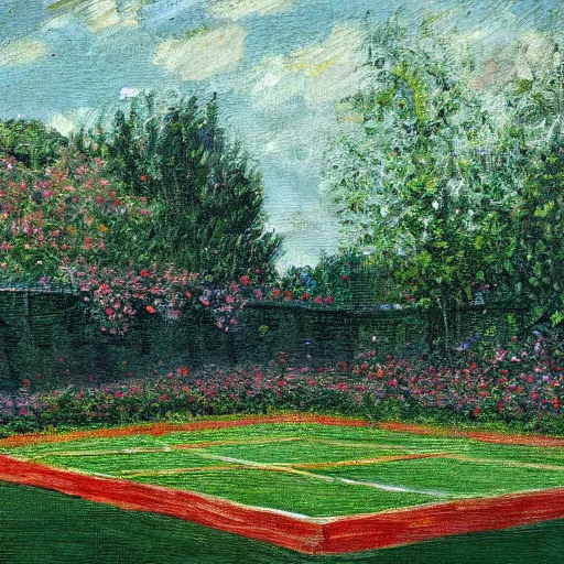 Image similar to clay tennis courts lined with flower laden hedges, impressionistic painting