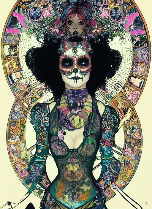 Image similar to cute punk goth fashion fractal Día de los Muertos tattooed hologram girl posing, psychedelic poster art of by Victor Moscoso Rick Griffin Alphonse Mucha Gustav Klimt Ayami Kojima Amano Charlie Bowater, masterpiece