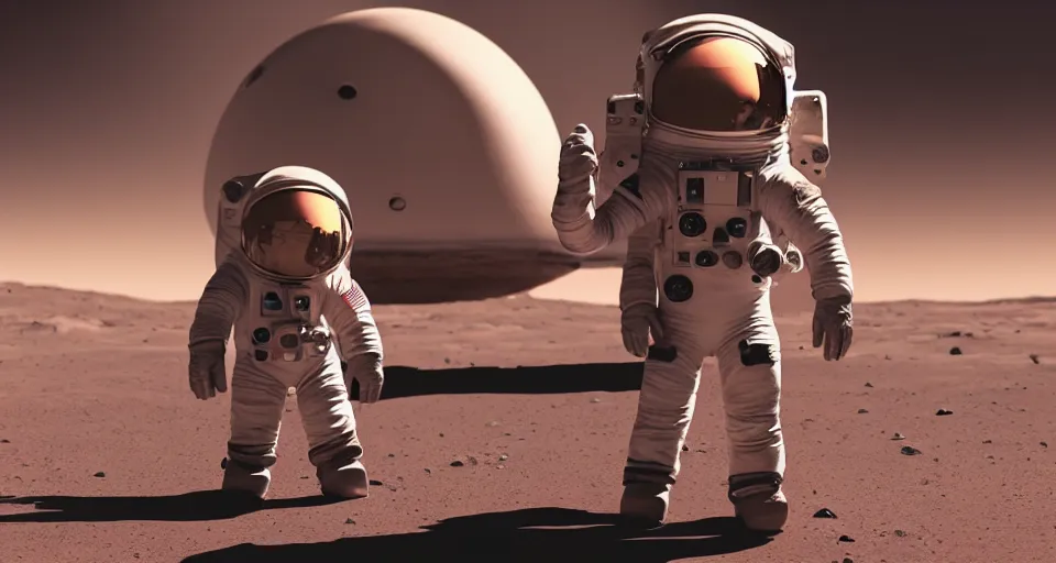 Image similar to cute astronaut standing in front of a spaceship on mars, pixar, 8 k, octane render