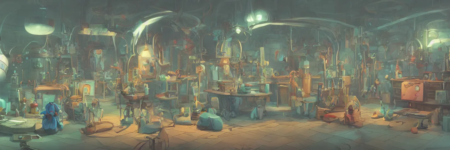 Prompt: 4K concept art of a wizards laboratory, digital art by Dr Seuss, animated by Studio ghibli, masterpiece trending on artstation, ultrafine detail, ray tracing by Nvidia, demonstration for QLED displays, award winning close up view of a wizards lab, concept art with stunning detail