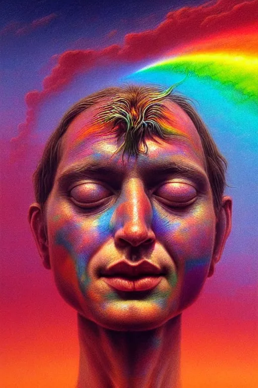 Image similar to hyperrealistic close-up Renaissance psychedelic!! celestial happy pure kind! creature!! peaceful! kind spirit of nature highly detailed concept art eric zener elson peter cinematic hard rainbow lighting high angle hd 8k sharp shallow depth of field, inspired by Zdzisław Beksiński