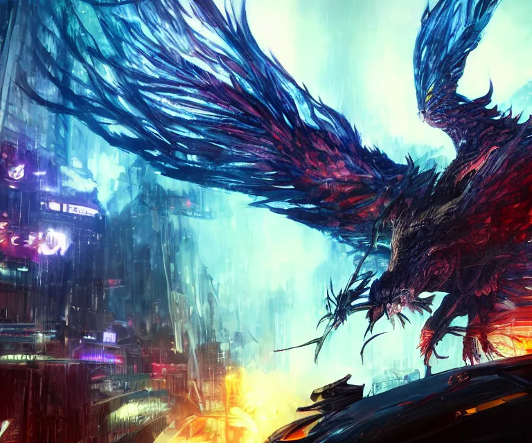 Prompt: neo tokyo, dark fantasy, concept art, video game, highly detailed, phoenix flames