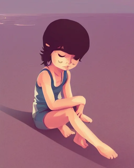 Prompt: a little girl sit beach. clean cel shaded vector art. illustration art by lois van baarle and helen huang and artgerm and makoto shinkai