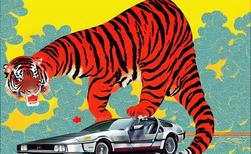 Prompt: a red delorean x a yellow tiger, art by hsiao - ron cheng & utagawa kunisada in magazine collage style # de 9 5 f 0