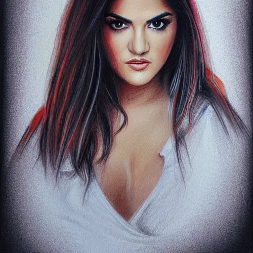 Image similar to searching look in her eyes young Maite Perroni close-up portrait looking straight on, complex artistic color pencil sketch illustration, full detail, gentle shadowing, fully immersive reflections and particle effects, chromatic aberration.