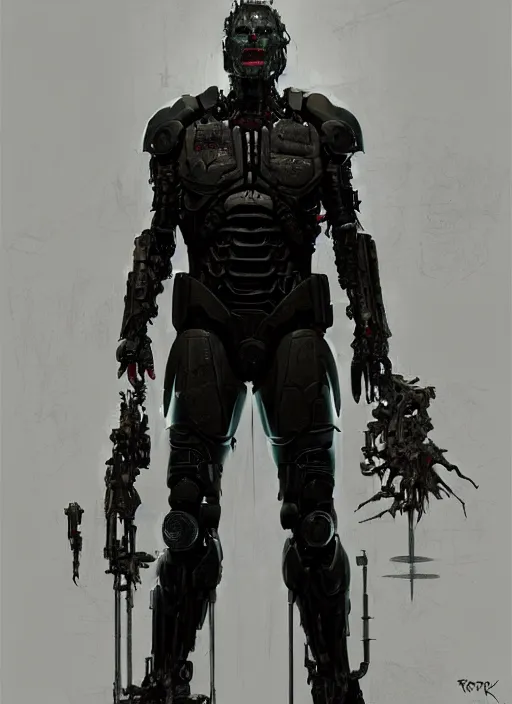 Image similar to johnny depp as victor stone, full body concept, cyborg, borg, strogg, face of a man, terminator, flesh, quake strogg, doom demon, wolfenstein, monstrous, powerful, symmetry, symmetrical, concept art by ruan jia and greg rutkowski