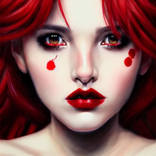 Prompt: a realistic illustration portrait of a beautiful cute girl with curly black and red hair, a pointy nose and, round chin black eyeliner, trending on artstation, hyper - realistic lighting, intricate