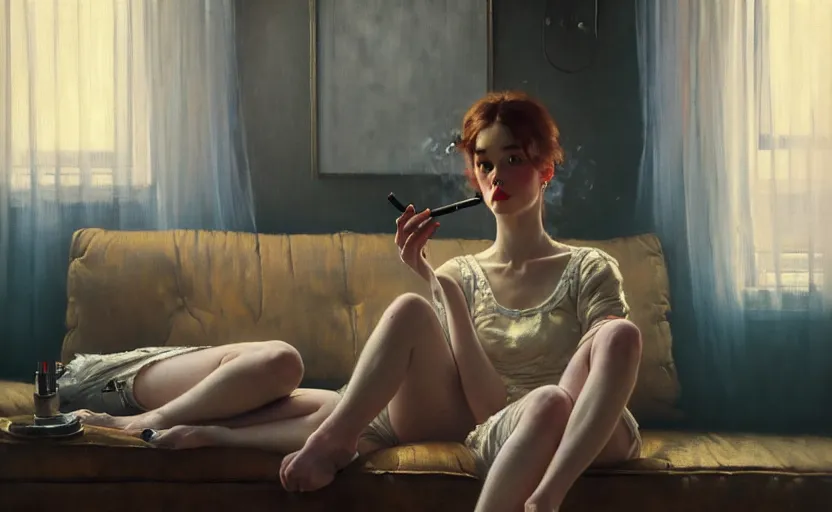 Prompt: portrait of several girls with smoking cigarettes, sitting on a couch, highkey, realistic, serov, surikov, vasnetsov, repin, kramskoi, ultra realistic, depth of field insanely detailed, charlie bowater, tom bagshaw, norman rockwell, octane rendered, unreal engine, rendering, trending on artstation, 8 k