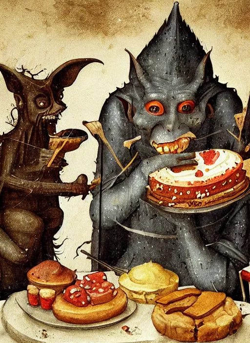 Image similar to medieval goblin eating cakes painted by hieronymus bosch, detailed digital art, trending on Artstation