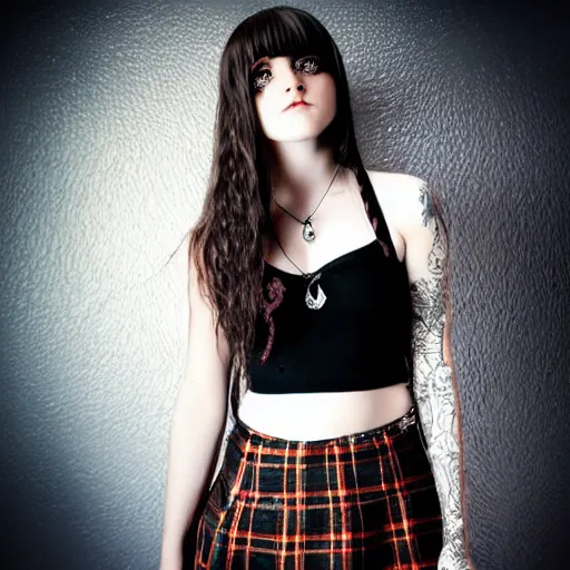 Prompt: gothic teen girl in plaid mini skirt and crop top, intricate, extremely detailed, modeling photography, 8 0 mm camera, dramatic lighting, dark room