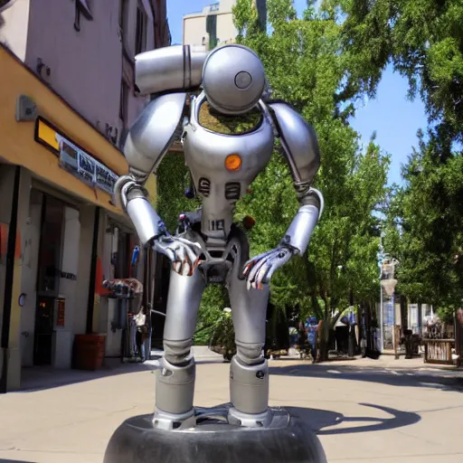 Image similar to Wheatley from portal 2 as a large metal statue in town center