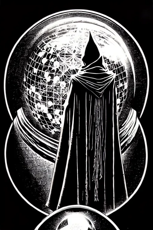 Prompt: cloaked steampunk wizard looking into a crystal ball, high details, intricately detailed, by vincent di fate, inking, 3 color screen print, masterpiece, trending on artstation,, sharp, details, hyper - detailed, hd, 4 k, 8 k