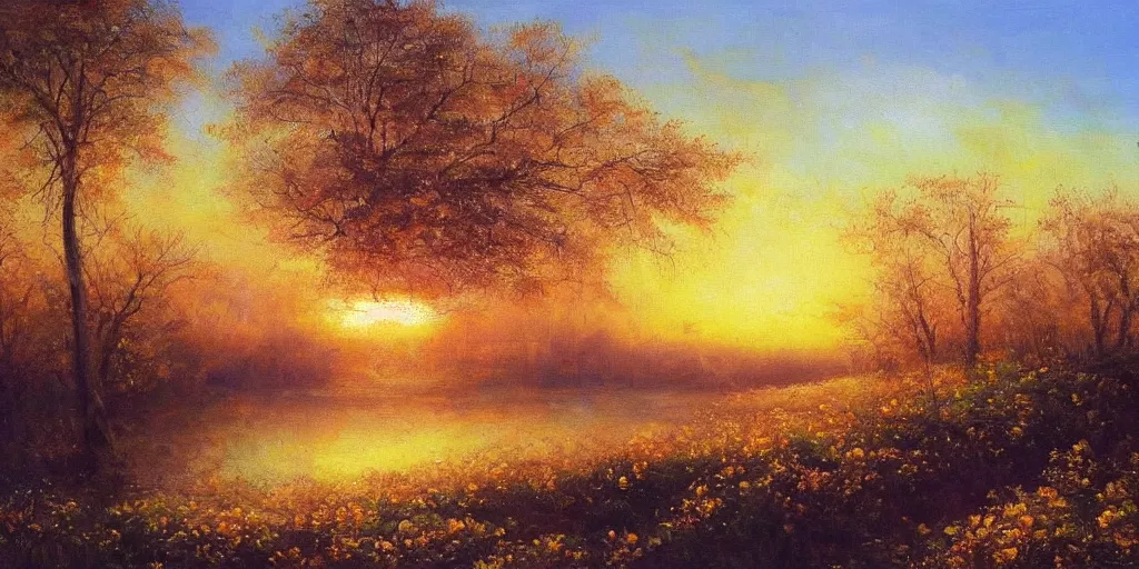 Prompt: an extraordinarily beautiful oil painting of a landscape in spring during sunrise ; the most beautiful painting in the world