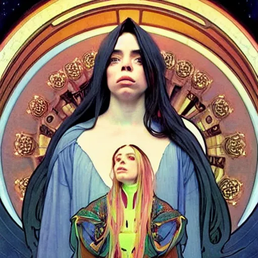 Prompt: closeup : billie eilish as the empress of the universe sits on stellar throne, concept art for a scifi film. by alphonse mucha and edward hopper. sharp focus, cinematic atmosphere, detailed and intricate, perfect anatomy, meticulous detail