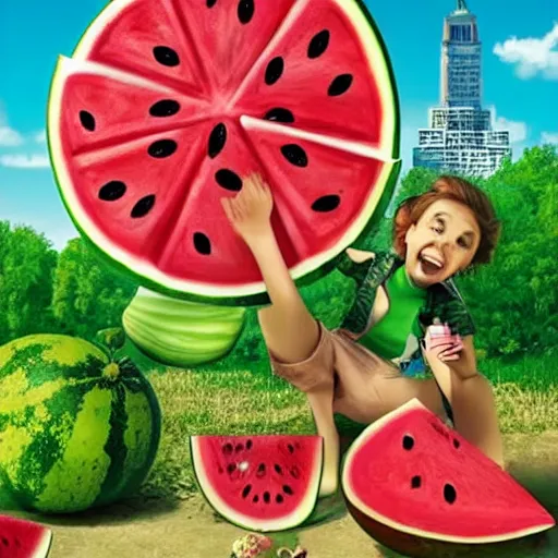 Image similar to a giant watermelon rampage town , movie poster