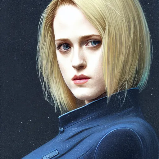 Image similar to full figure ultra realistic illustration, evan rachel wood wearing a futuristic navy blue pantsuit, blonde straight hair, dystopian, intricate, elegant, highly detailed, digital painting, artstation, concept art, smooth, sharp focus, illustration, art by artgerm and greg rutkowski and alphonse mucha