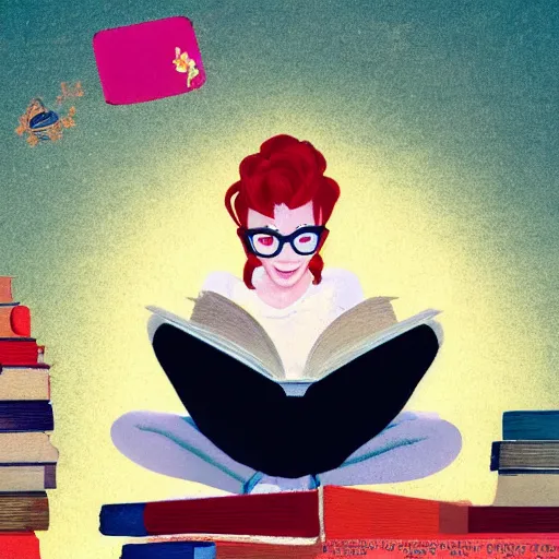 Prompt: a young woman with red hair in a bun and glasses sits cross legged on top of a pile of books reading a book in a still from a disney movie. beautiful disney cartoon character art, high quality, detailed face