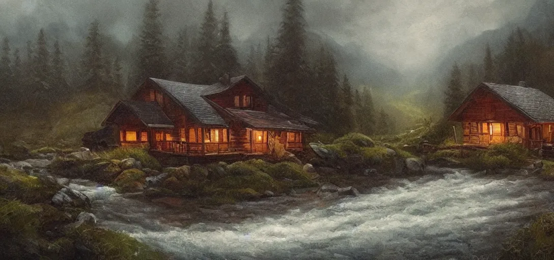 Prompt: a river running past a cozy cabin in mountain side, heavy rain, atmospheric, classic painting, award winning, highly detailed