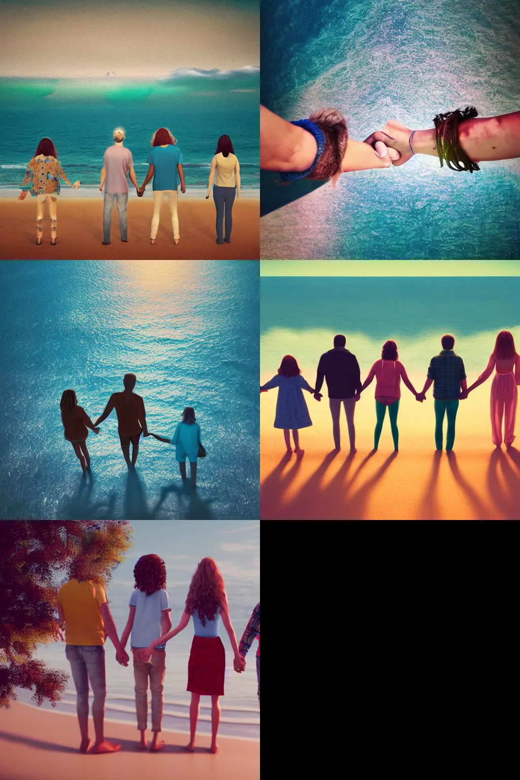 Prompt: hippie style family — woman, men, boy, girl looking at the ocean holding hands, far - view, art, cinematic composition, octane render, high detail, 8 k, artstation trending