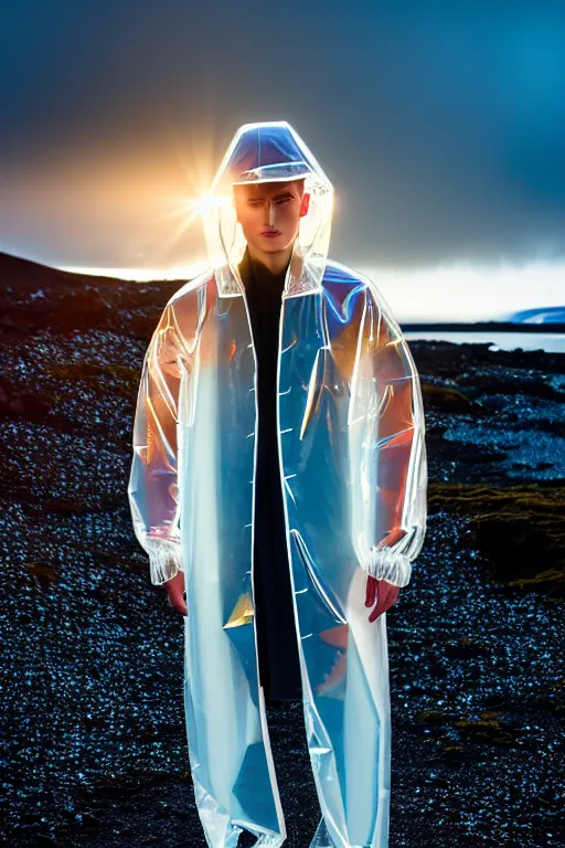 Image similar to an ultra high definition professional high fashion portrait studio full length photograph of a male model wearing a transparent pearlescent raincoat and neon visor in an icelandic black rock environment at dawn. no artefacts. extremely detailed. stark. refraction. shallow depth of field. volumetric light and shadow. ray tracing. light rays.