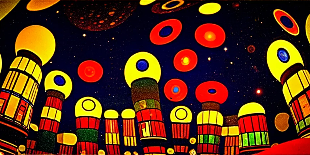 Prompt: low angle shot of a space port at night, nouvelle vague set design by Hundertwasser, in the style of Stanley Kubrick, shot on film, grainy, hyperrealistic