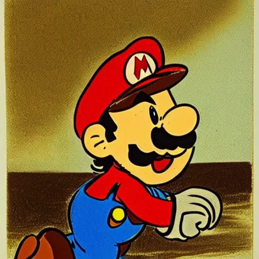 Prompt: color lithograph of super mario by adolphe millot