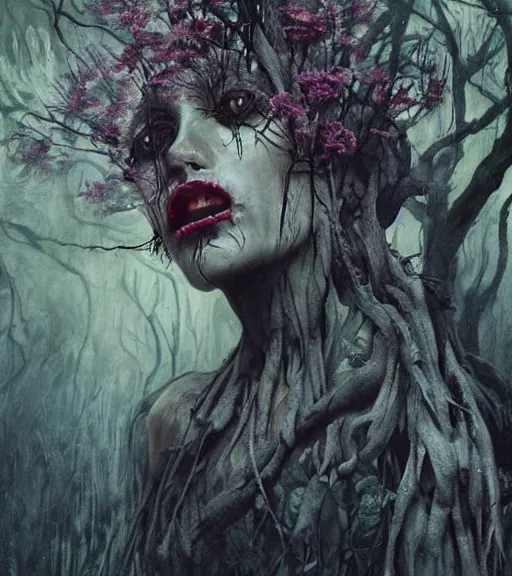 Prompt: a beautiful terrifying female portrait black eyes twisted trees, screaming, melancholy crying tears, bloom made of flowers. ethereal horror fantasy art by greg rutkowski and raymond swanland and monet ernst ludwig kirchner francis bacon