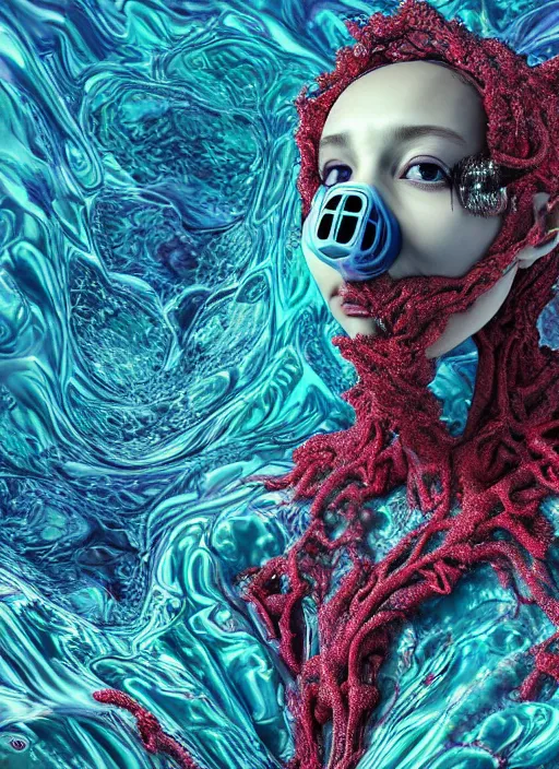 Image similar to hyper detailed 3d render like a sculpture - profile subsurface scattering (a beautiful fae princess gas mask protective playful expressive from that looks like a borg queen wearing a vintage pannier ball gown) seen red carpet photoshoot in UVIVF posing in pool of turbulent water to breathe of the Strangling network of yellowcake aerochrome and milky clouds of Fruit and His delicate Hands hold of gossamer polyp blossoms bring iridescent fungal flowers whose spores black the foolish stars by Jacek Yerka, Ilya Kuvshinov, Mariusz Lewandowski, Houdini algorithmic generative render, golen ratio, Abstract brush strokes, Masterpiece, Victor Nizovtsev and James Gilleard, Zdzislaw Beksinski, Tom Whalen, Mark Ryden, Wolfgang Lettl, Grant Wood, octane render, 8k, maxwell render, siggraph